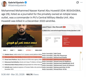 Gabriel Epstein Tweet on 3.20.26 about Mohammed Nasser Kamel Abu Huweidi