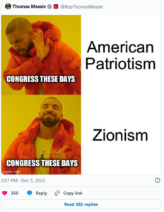 Massie tweet about Congress prioritizing Zionism over America