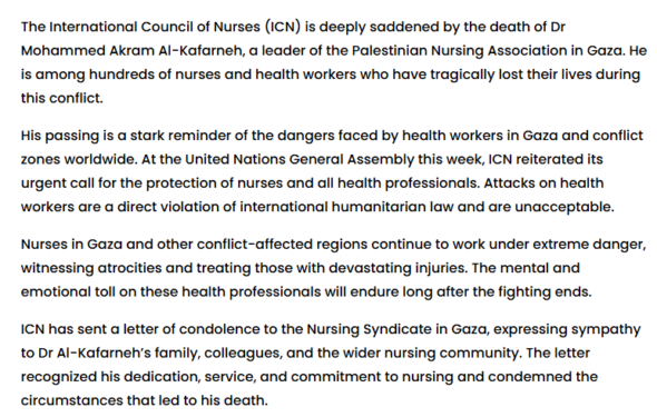 International Council of Nurses Statement about al-Kafarna death