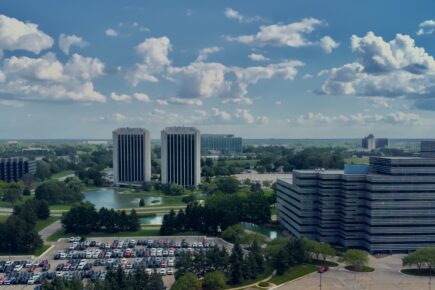 Skyline of Dearborn, Michigan. Author: https://commons.wikimedia.org/wiki/User:WMrapids. This file is made available under the Creative Commons CC0 1.0 Universal Public Domain Dedication.